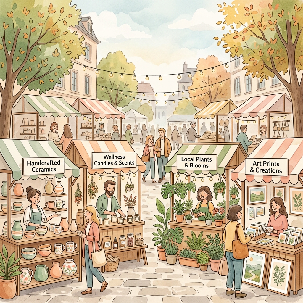 Cozy local community marketplace craft stalls illustration